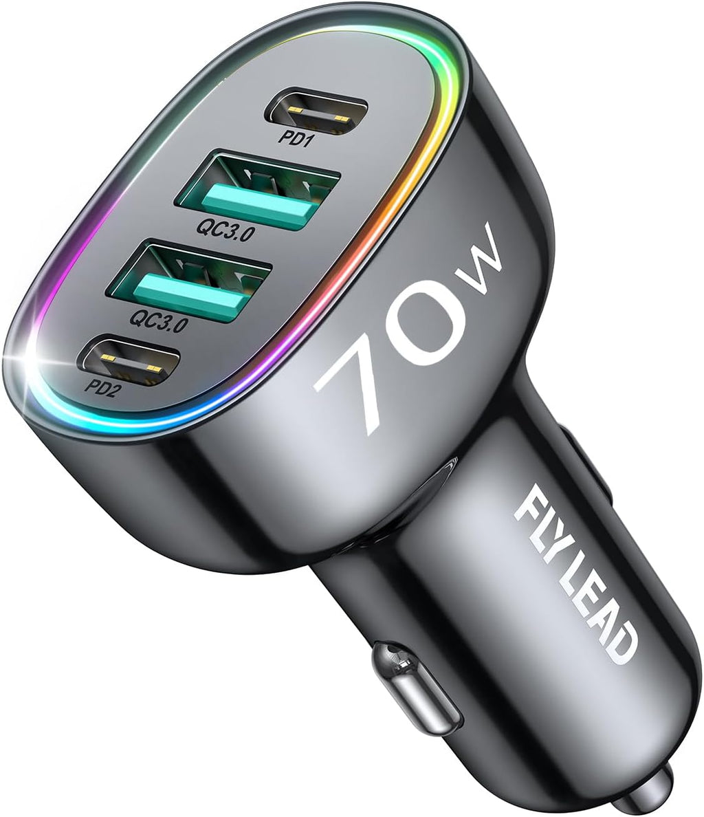 Power Up On The Go: 70W USB C Car Charger with 4 Ports for Fast Charging Your iPhone and Galaxy Devices