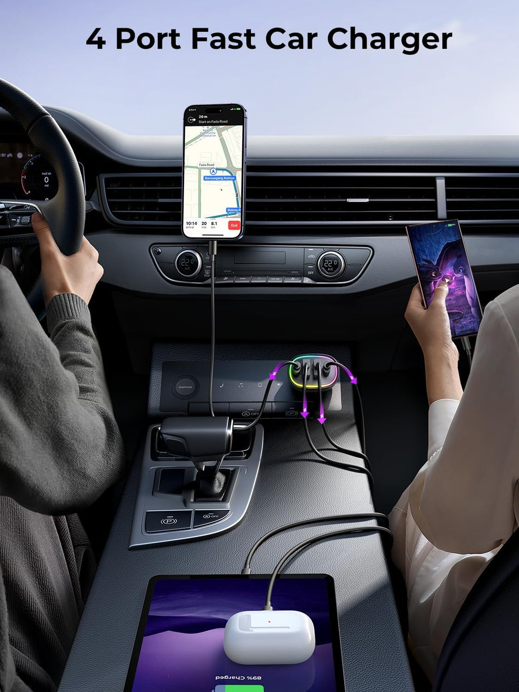 Power Up On The Go: 70W USB C Car Charger with 4 Ports for Fast Charging Your iPhone and Galaxy Devices