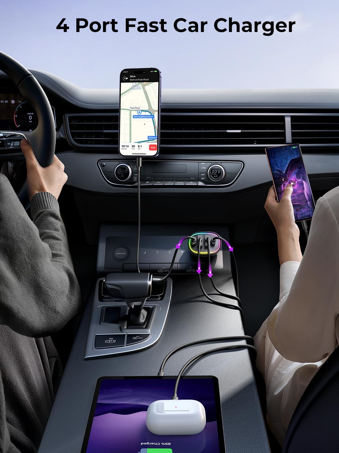 Power Up On The Go: 70W USB C Car Charger with 4 Ports for Fast Charging Your iPhone and Galaxy Devices