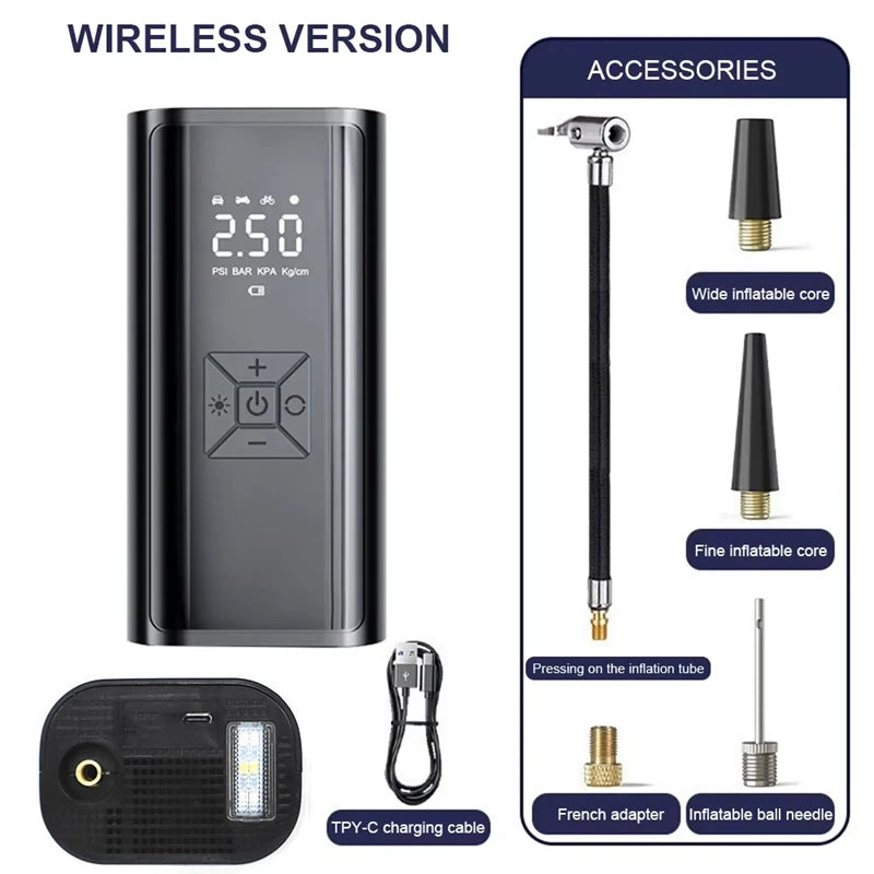 Powerful Wireless Car Air Compressor - Electric Tire Inflator for Motorcycles, Bicycles, Boats, and More!