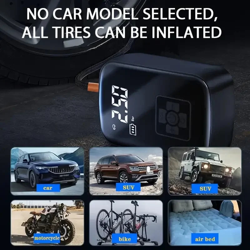 Powerful Wireless Car Air Compressor - Electric Tire Inflator for Motorcycles, Bicycles, Boats, and More!